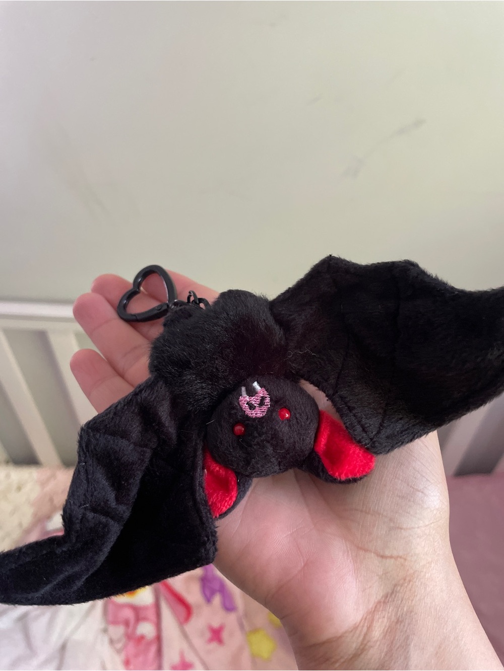 Bates Black Plush Bat Keychain with Red Accents